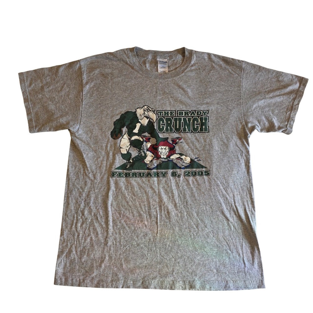 Vintage 2005 Super Bowl XXXIX Eagles Brady Crunch Bootleg T-Shirt Grey Large